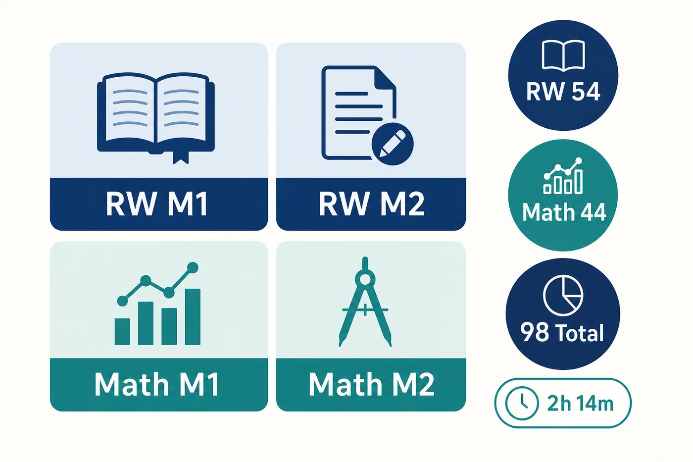 Digital SAT structure showing two Reading and Writing modules, two Math modules, 54 Reading and Writing questions, 44 Math questions, 98 total questions, and 2 hours 14 minutes