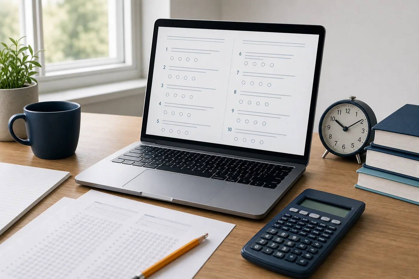 Laptop, calculator, clock, and practice answer sheet for planning Digital SAT questions