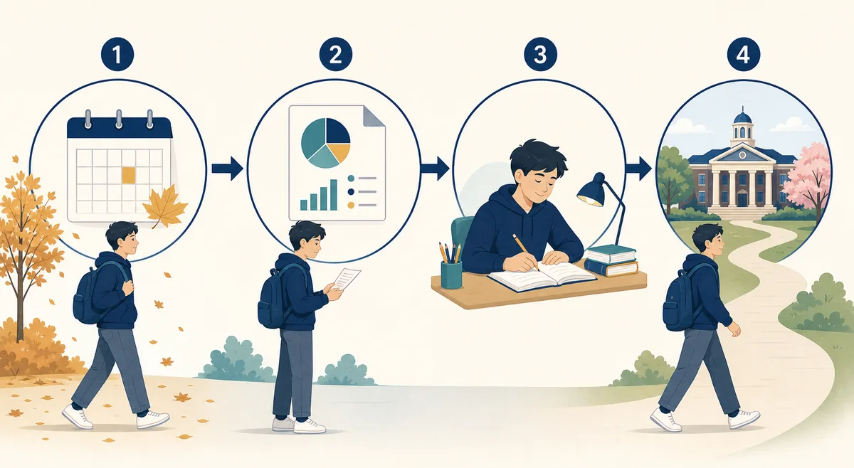 Four-stage timeline from taking the PSAT through reviewing results and preparing for the SAT