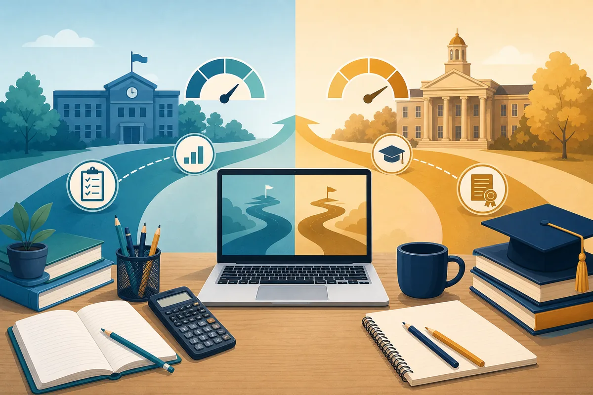 Study desk illustration comparing a school PSAT path with a college admissions SAT path