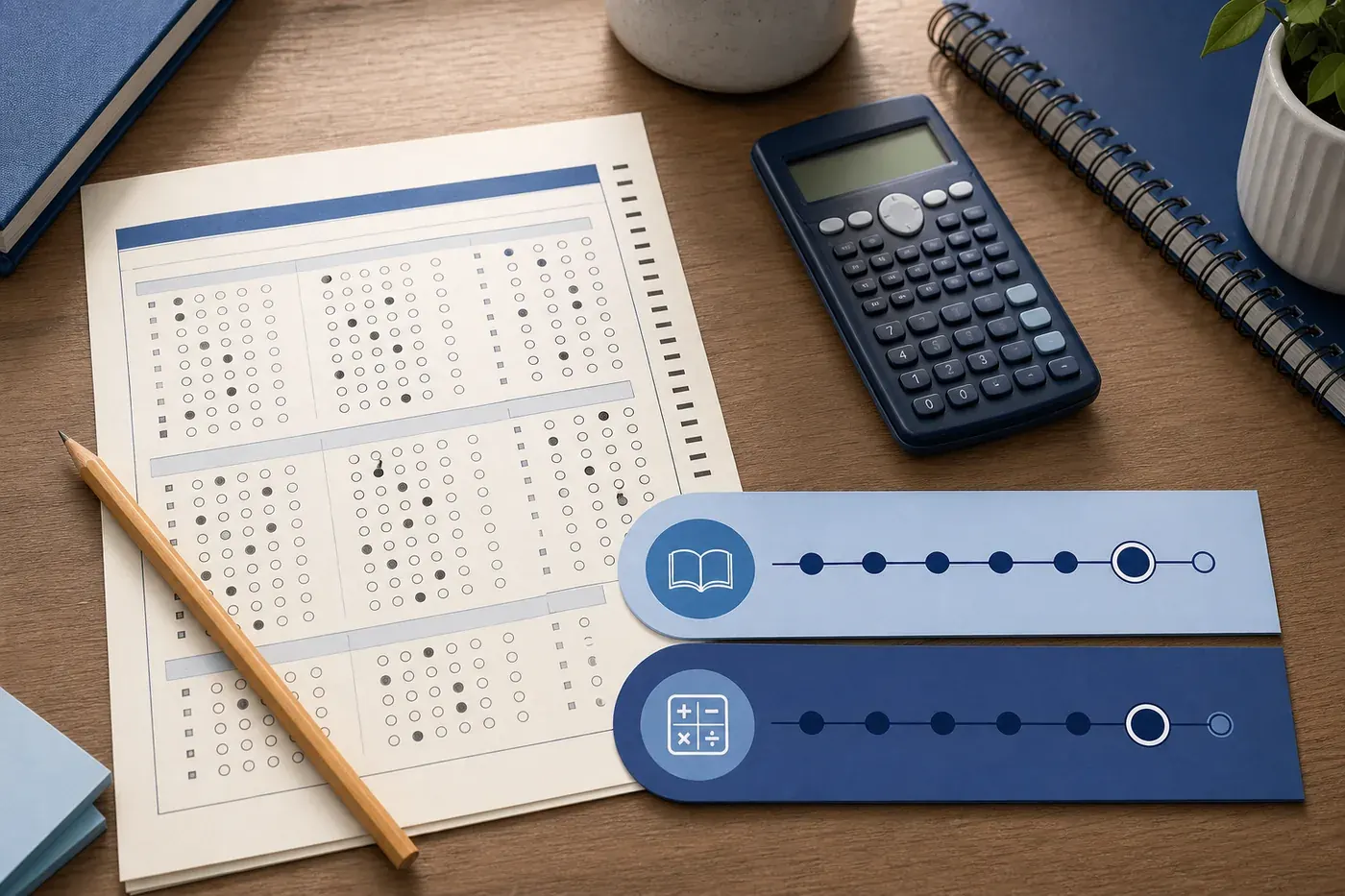 SAT practice answer sheet, calculator, pencil, and two section score bands on a study desk