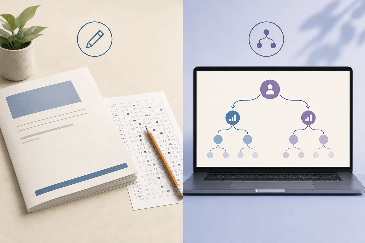 Editorial comparison of a paper SAT practice booklet and a laptop showing adaptive score paths