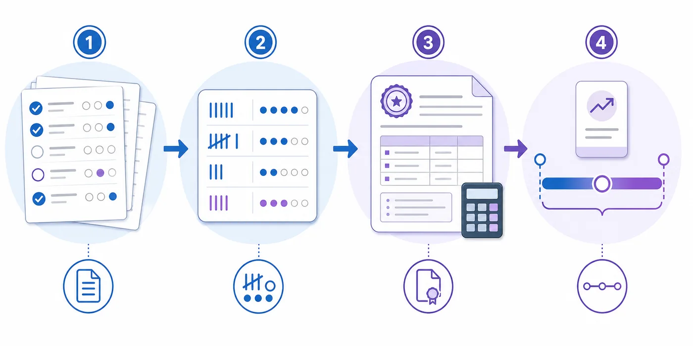 Four-step editorial diagram showing answers, raw scores, official scoring guide, and estimated score range