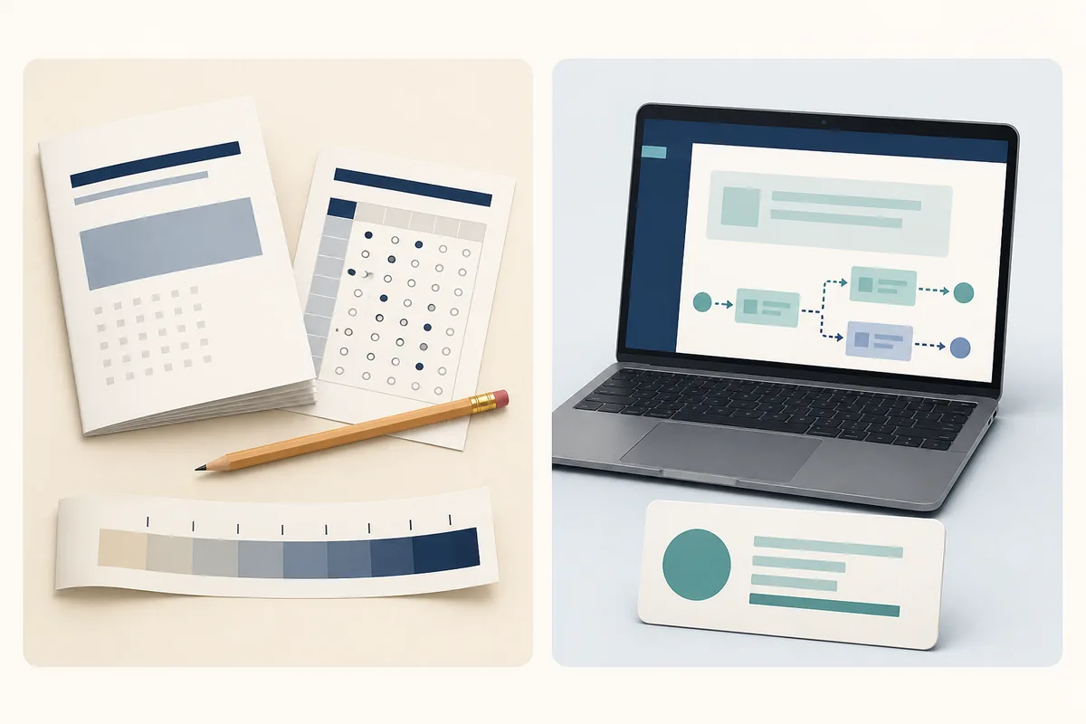 Editorial comparison of a paper SAT practice booklet and an abstract Bluebook-style adaptive practice screen