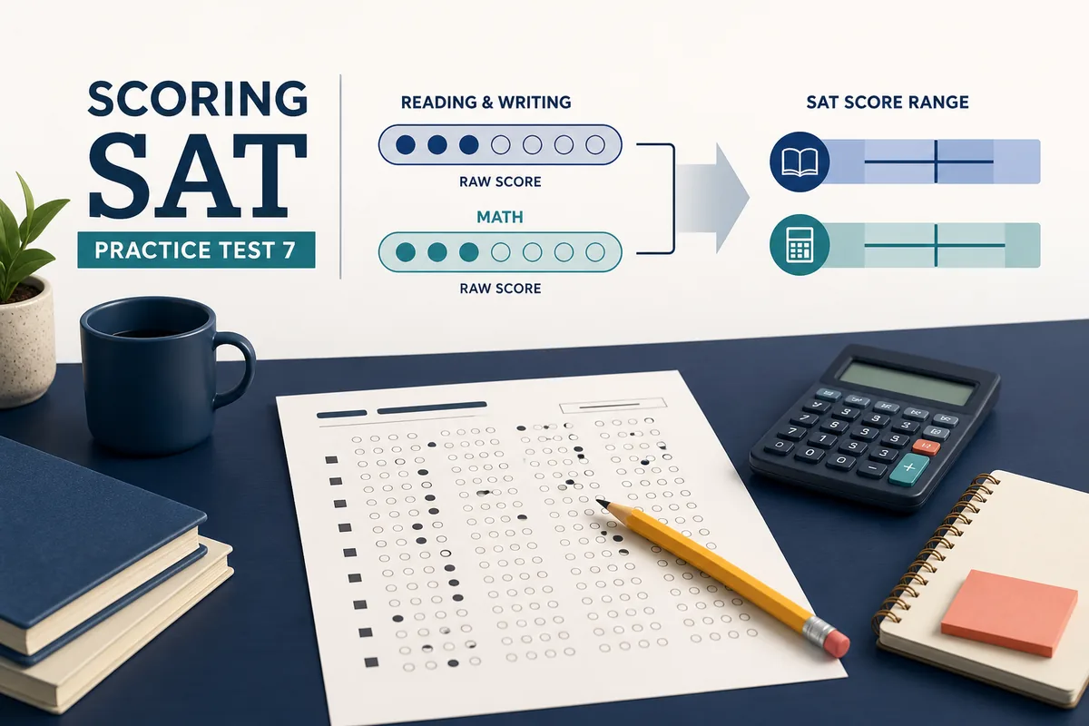 Editorial illustration of an SAT Practice Test 7 answer sheet, calculator, and separate Reading and Writing and Math score bands