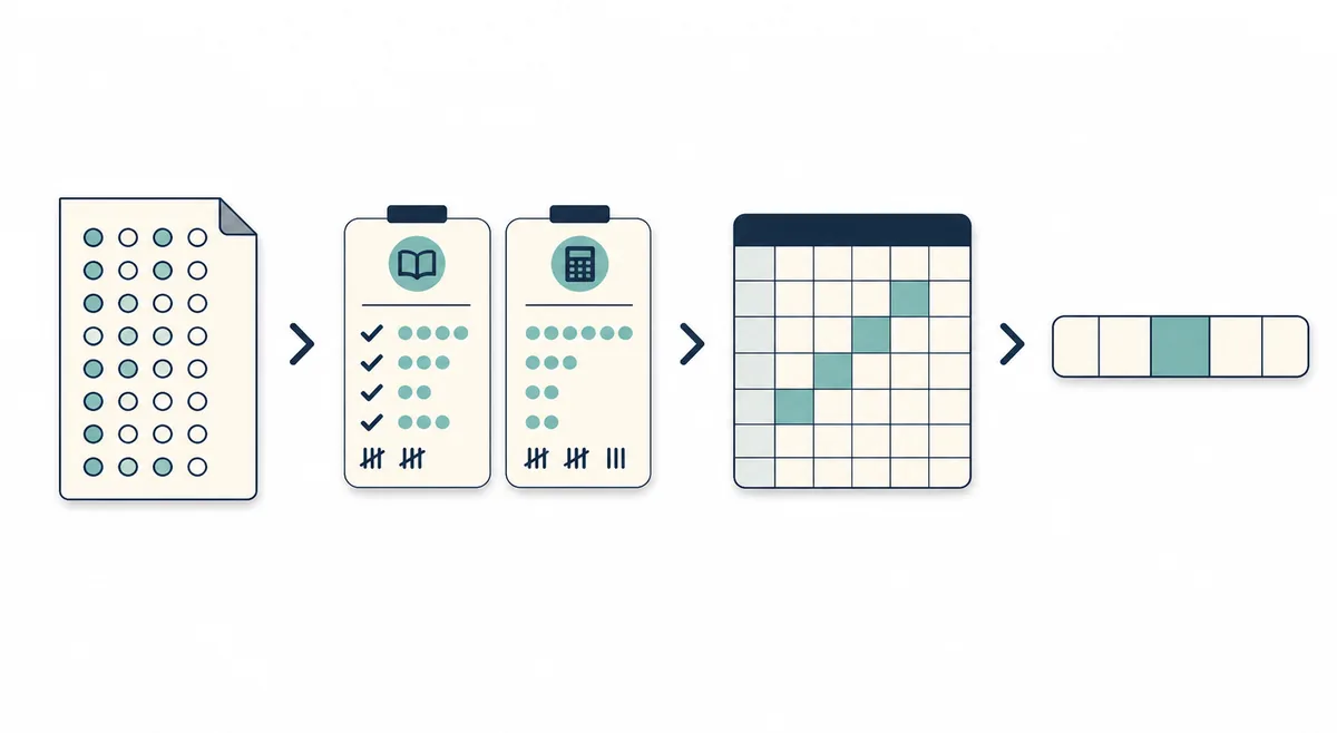 Text-free editorial diagram showing answer checking, two section tallies, a conversion grid, and a final score range