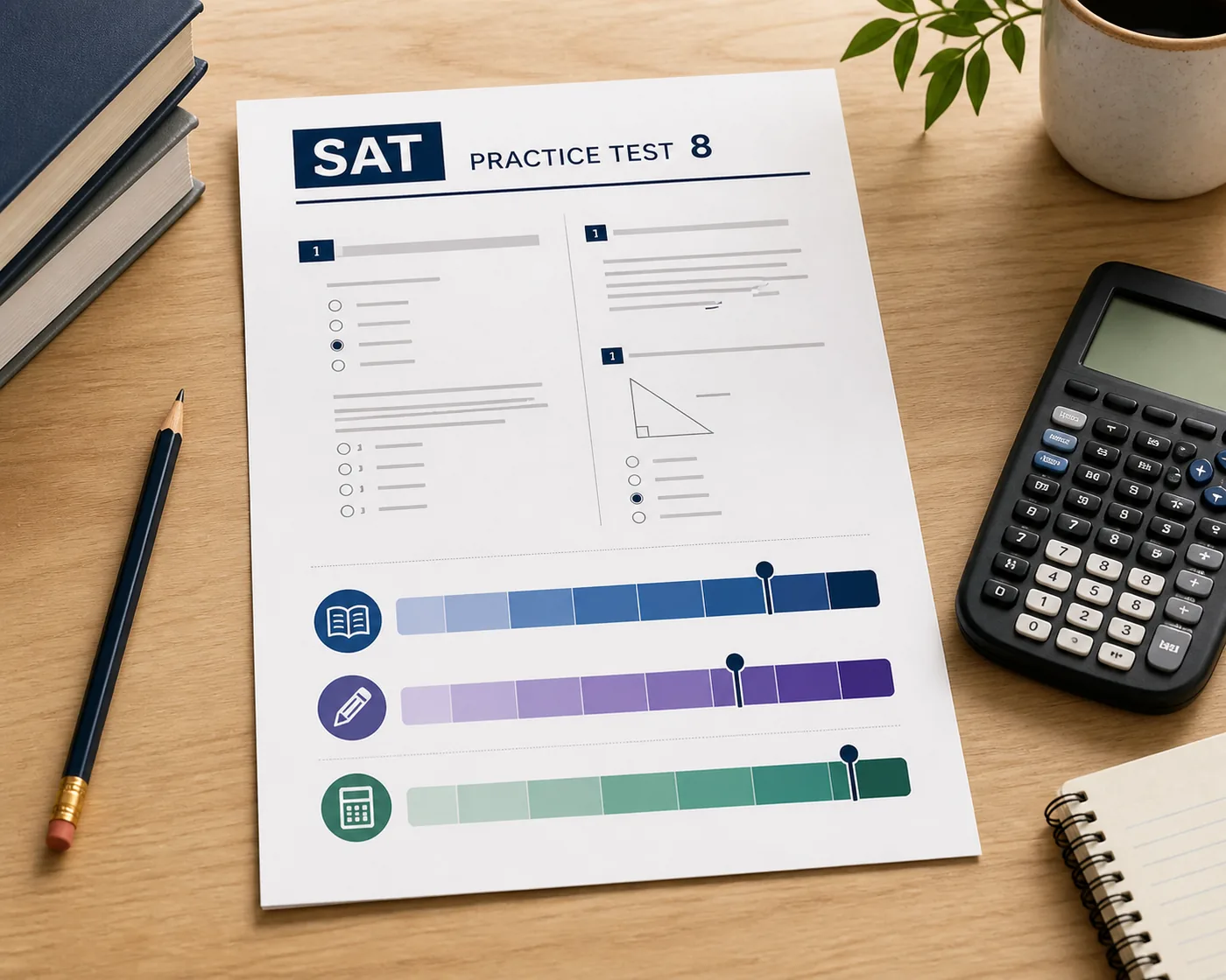 Editorial illustration of an SAT Practice Test 8 worksheet, calculator, pencil, and separate section score bands