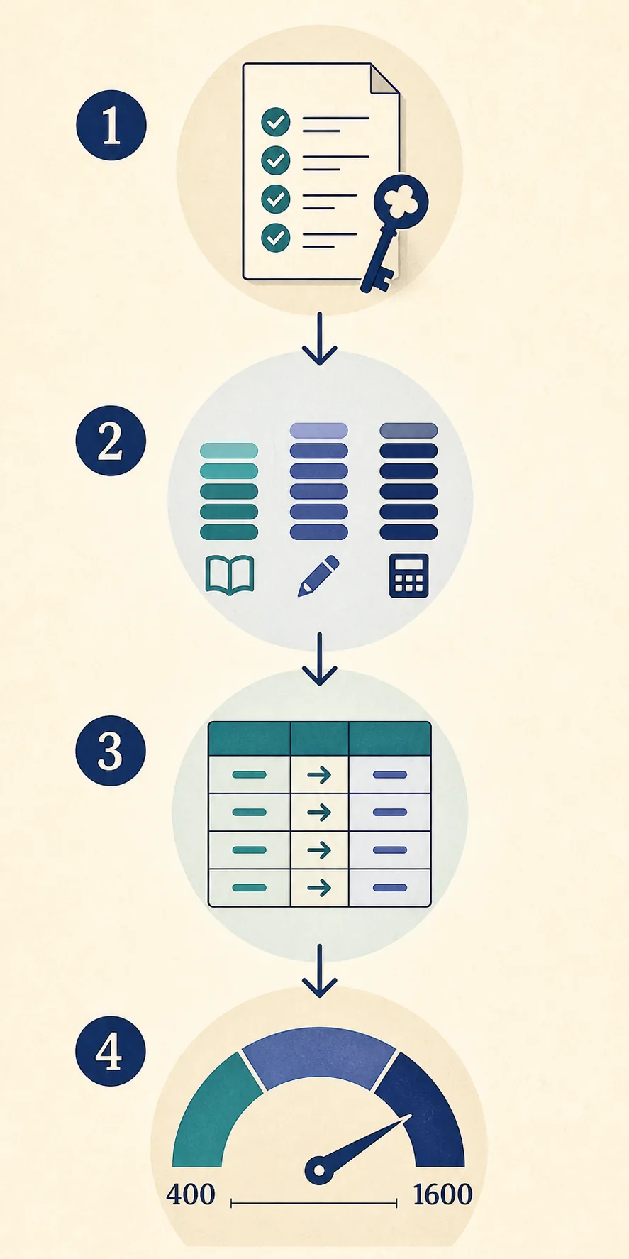 Editorial four-step diagram showing answer checking, section raw scores, a conversion table, and a total score range