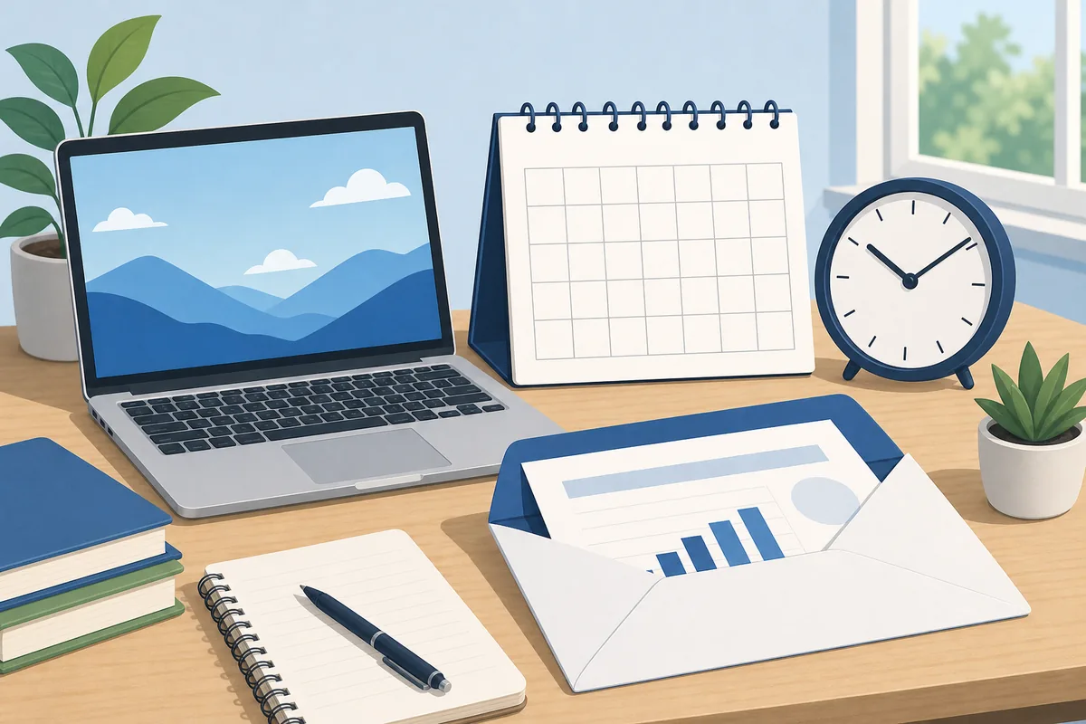 Illustration of a student planning SAT score release dates with a calendar, laptop, and clock