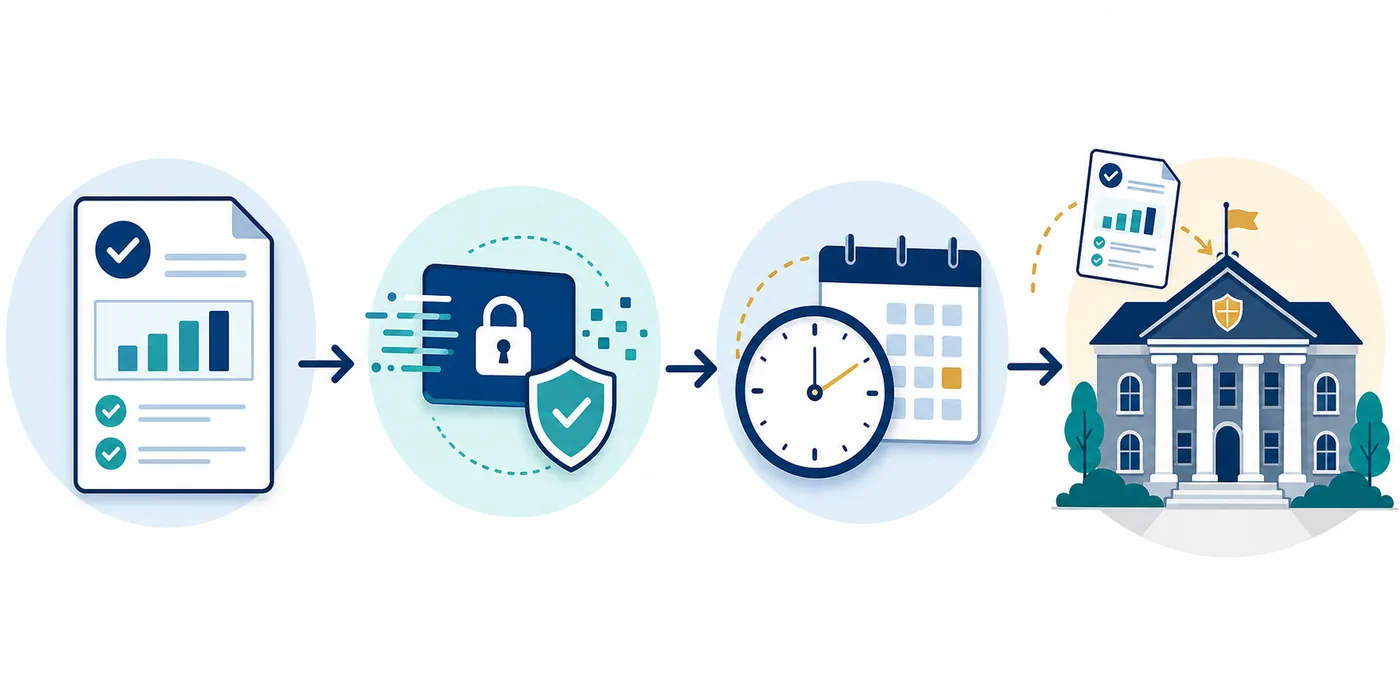 Editorial diagram showing an SAT score report moving through secure processing to a college